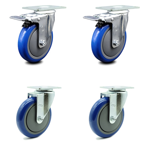 5 Inch Blue Polyurethane Wheel Swivel Top Plate Caster Total Lock Brakes, 2PK